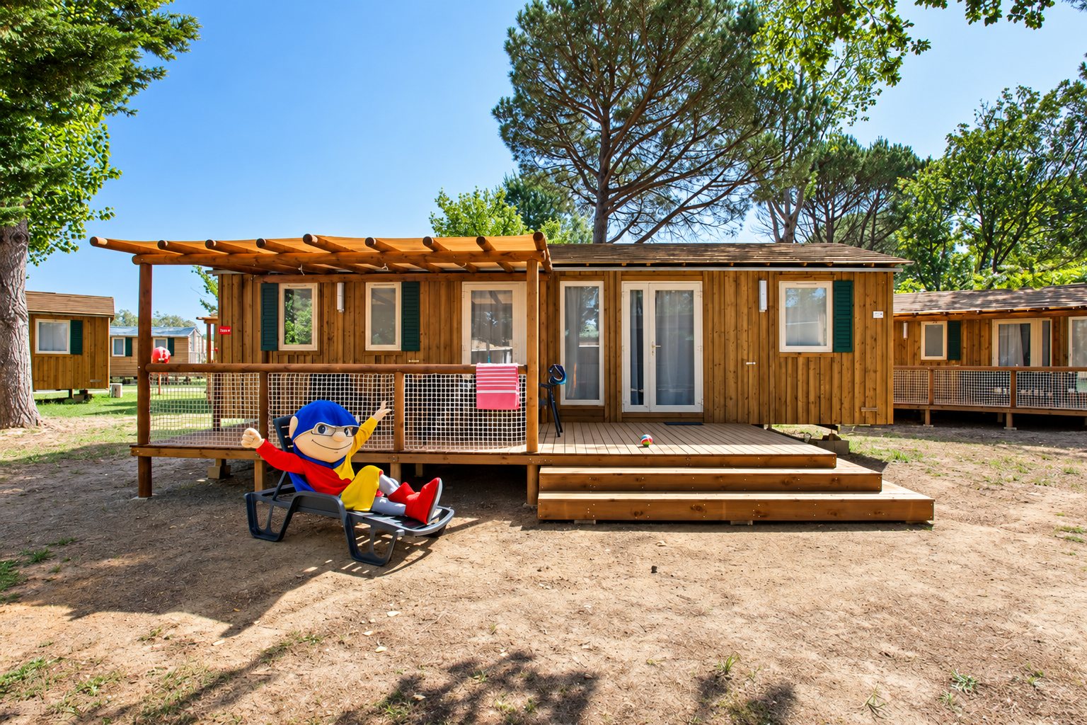 Mobil-home en bois avec terrasse au camping Fleur de Camargue : une mascotte colorée est allongée sur un transat devant l'escalier, sous les pins.