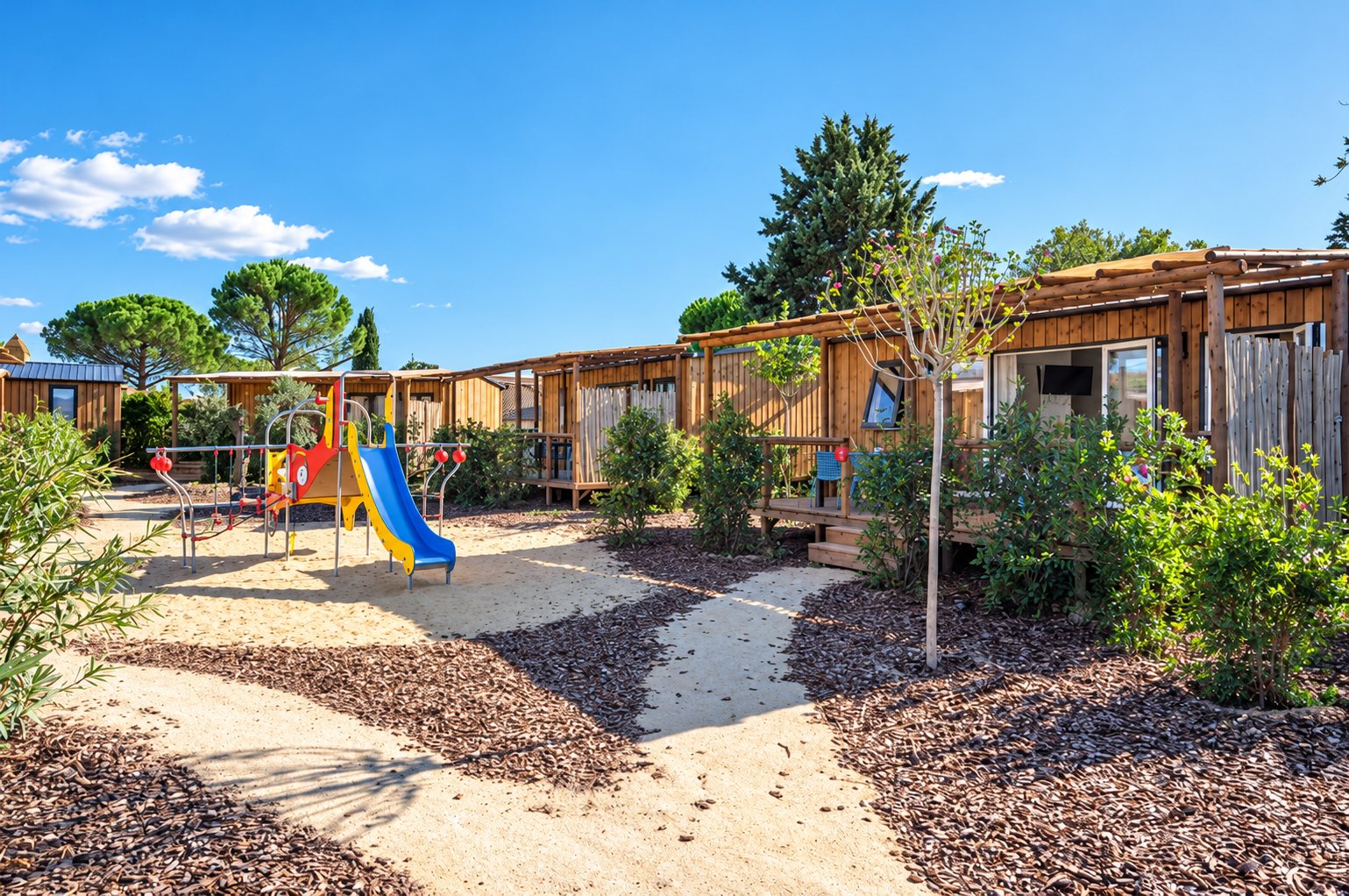 Mobil-homes en bois avec terrasses au camping Fleur de Camargue, autour d'une aire de jeux colorée.
