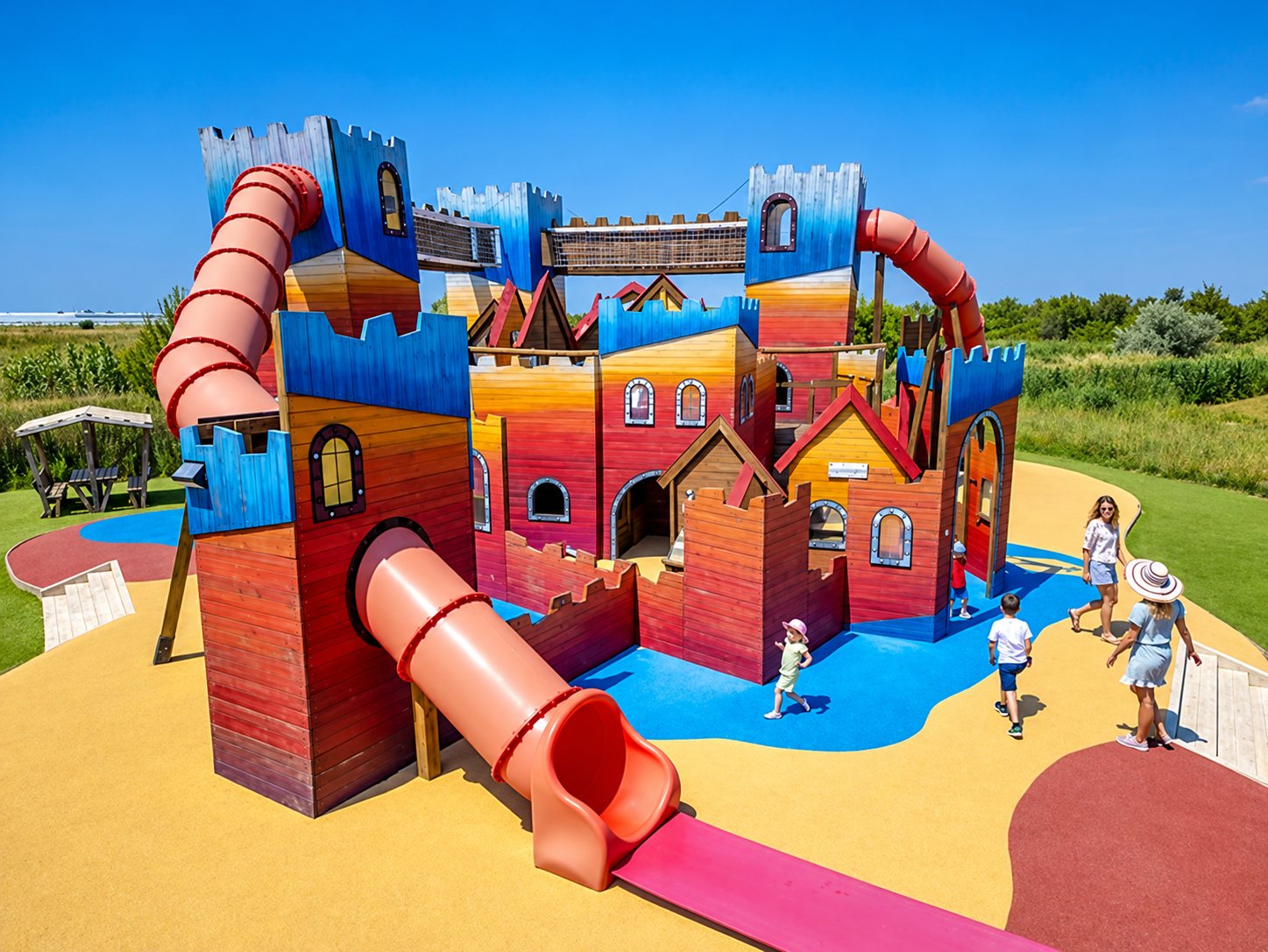 Un grand château de jeux en bois peint de couleurs vives, équipé de toboggans tubulaires, où des enfants et des adultes se promènent sur un sol souple jaune et bleu.